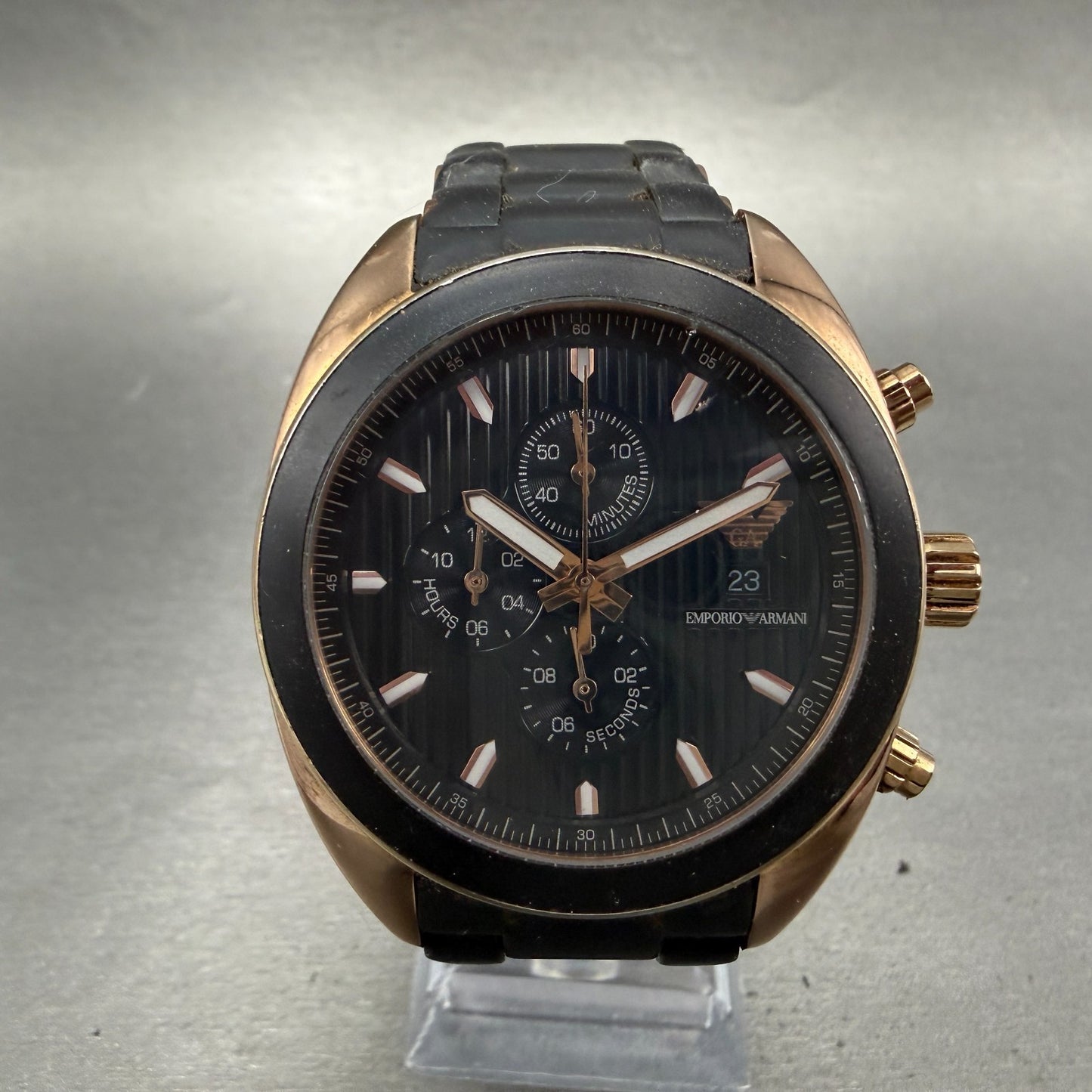 Emporio Armani Sportivo Chronograph Watch Men 43mm Black Dial Rose Gold New batt0