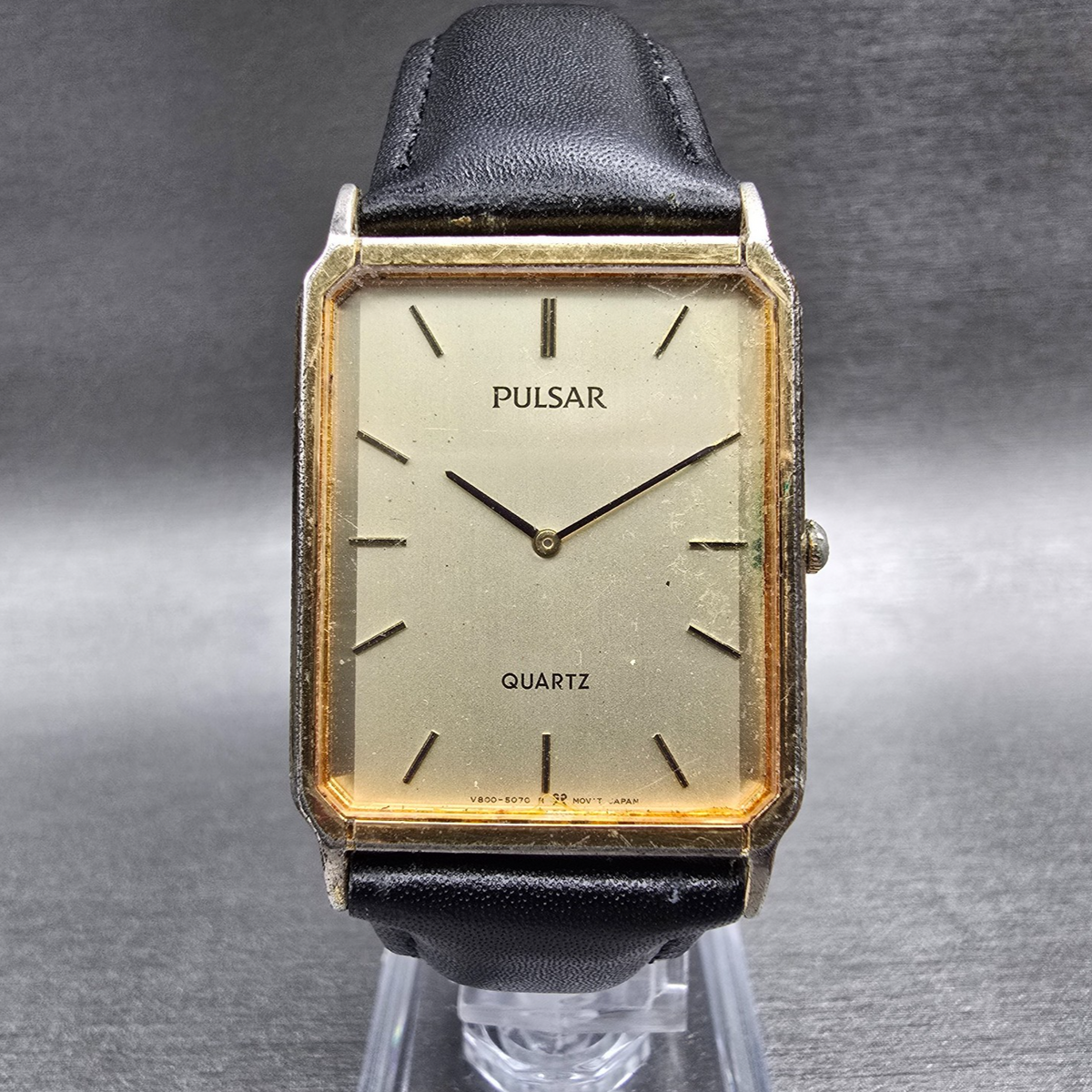 Pulsar Tank Watch Men 27mm Champagne Dial Gold Tone Rectangle V800-5080 New Batt0