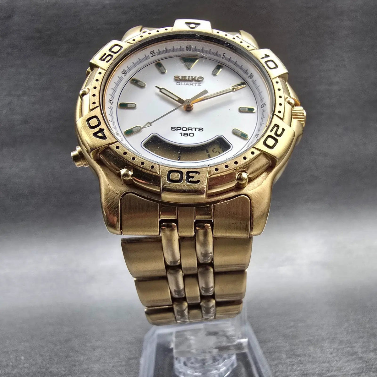 Seiko Sports 150 Watch Men 40mm White Dial Gold Tone Chrono H801-6088 New Batt5
