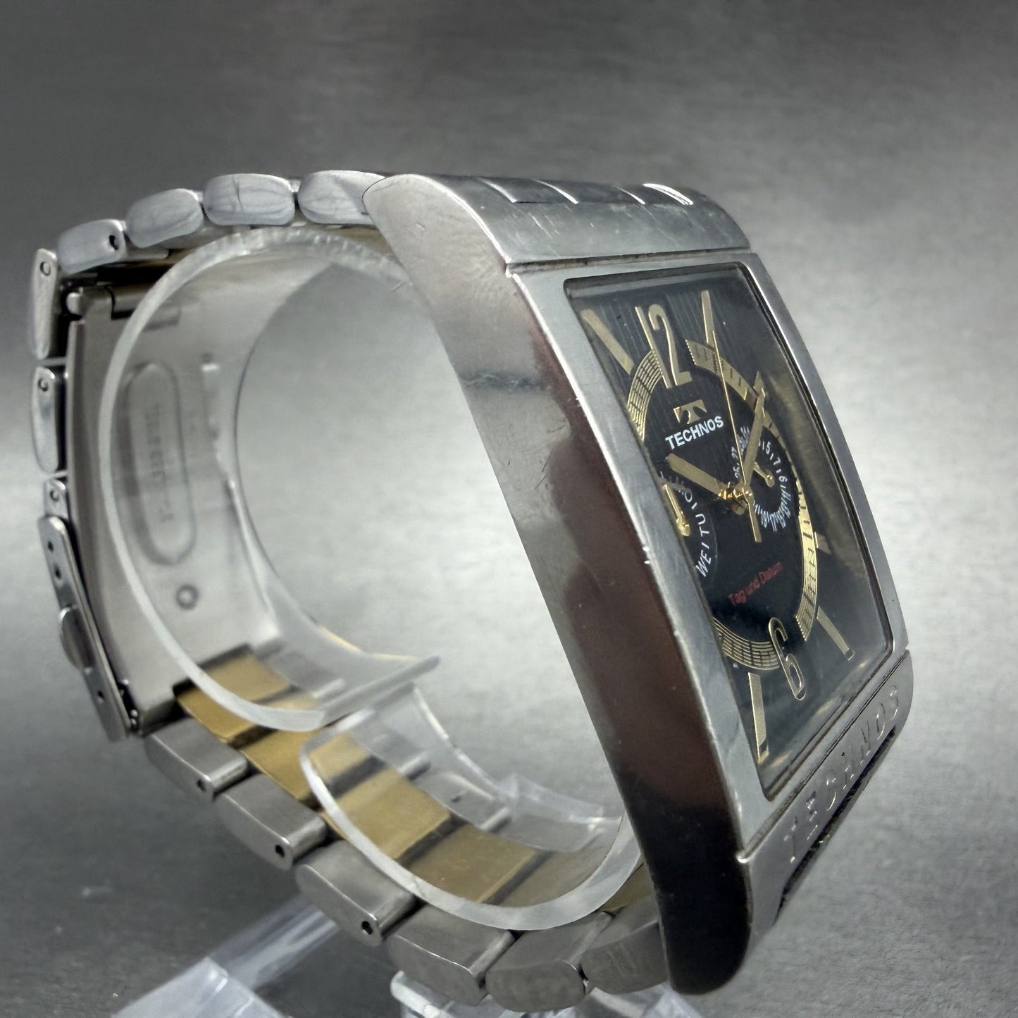 Technos Watch Men 32mm Black Dial Two Tone Daydate Rectangle T2046 New Battery3