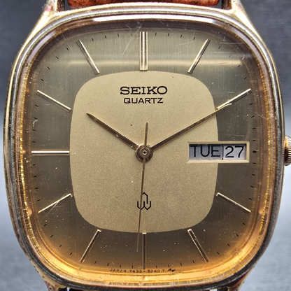 Seiko Watch Men 32mm Gold Dial Gold Tone Daydate Rectangle 7433-5030 New Battery1