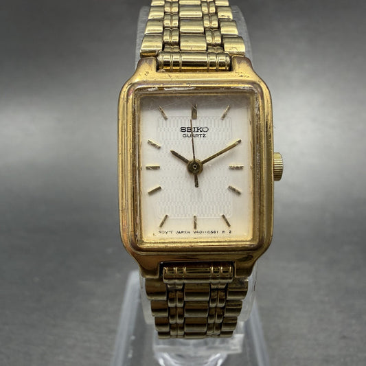 Seiko Tank Watch Women 18mm White Dial Gold Tone Rectangle V401-5129 NewBatt0