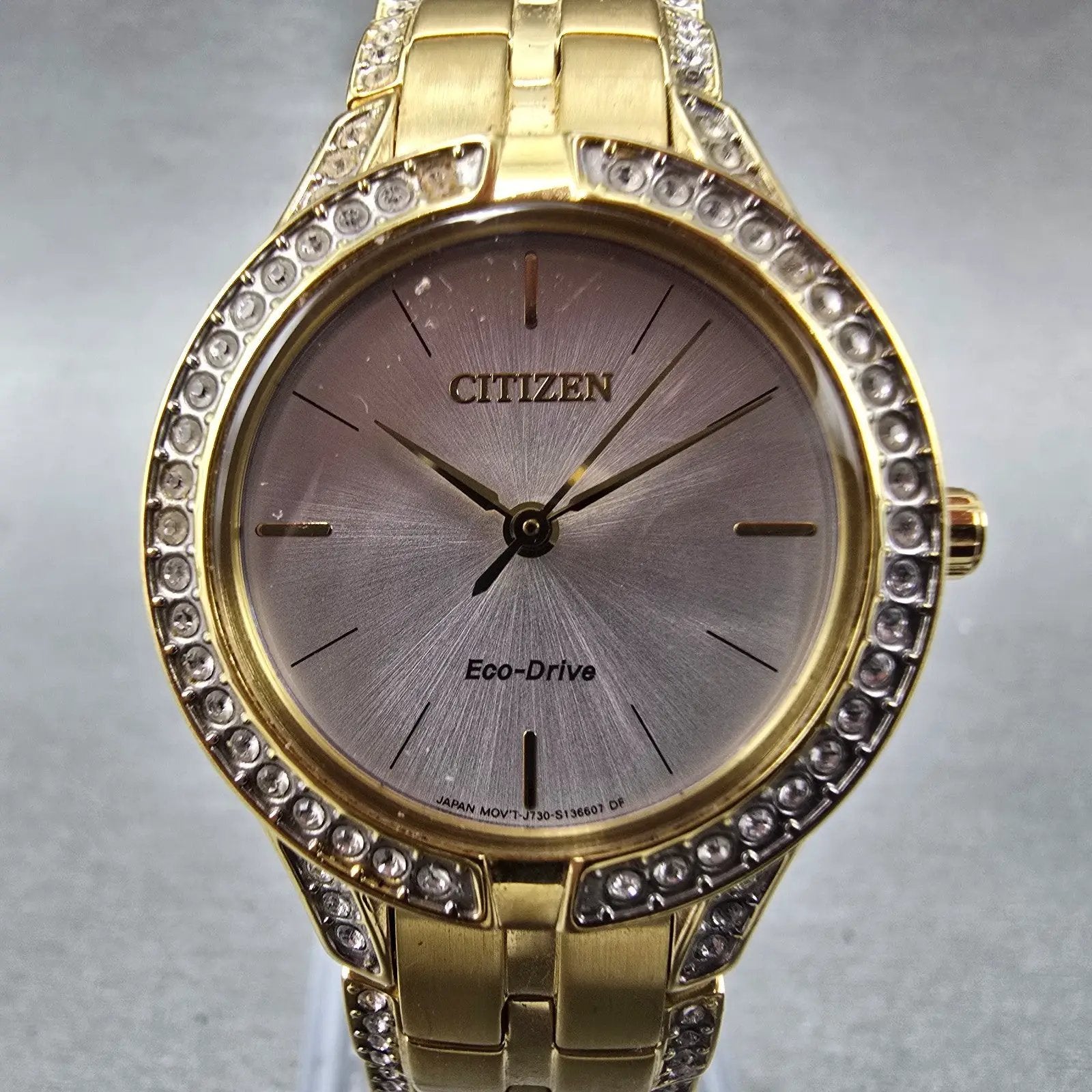 Citizen Eco-Drive Watch Women 28mm Silver Dial Gold Tone Round FE2062-58A Runs1