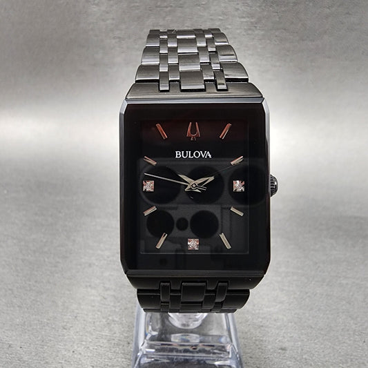 Bulova Quadra Watch Men 31mm Black Dial Black Tone Octagon 98D164 Bracelet