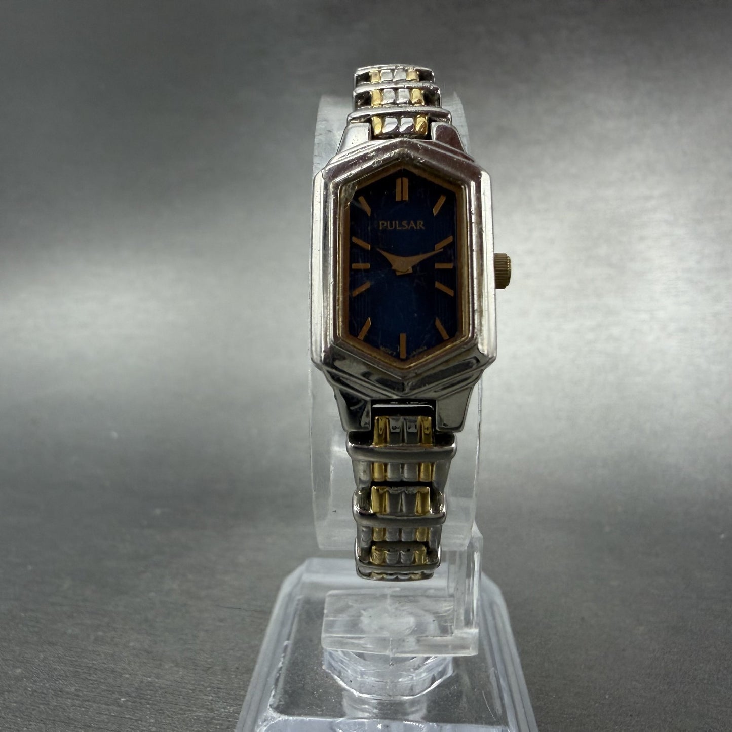 Pulsar Watch Women 15mm Blue Dial Two Tone Hexagon 1N00-X259 New Battery5
