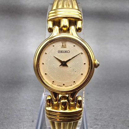 Seiko Watch Women 21mm Champagne Dial Gold Tone Round V400-1229 New Battery VTG0