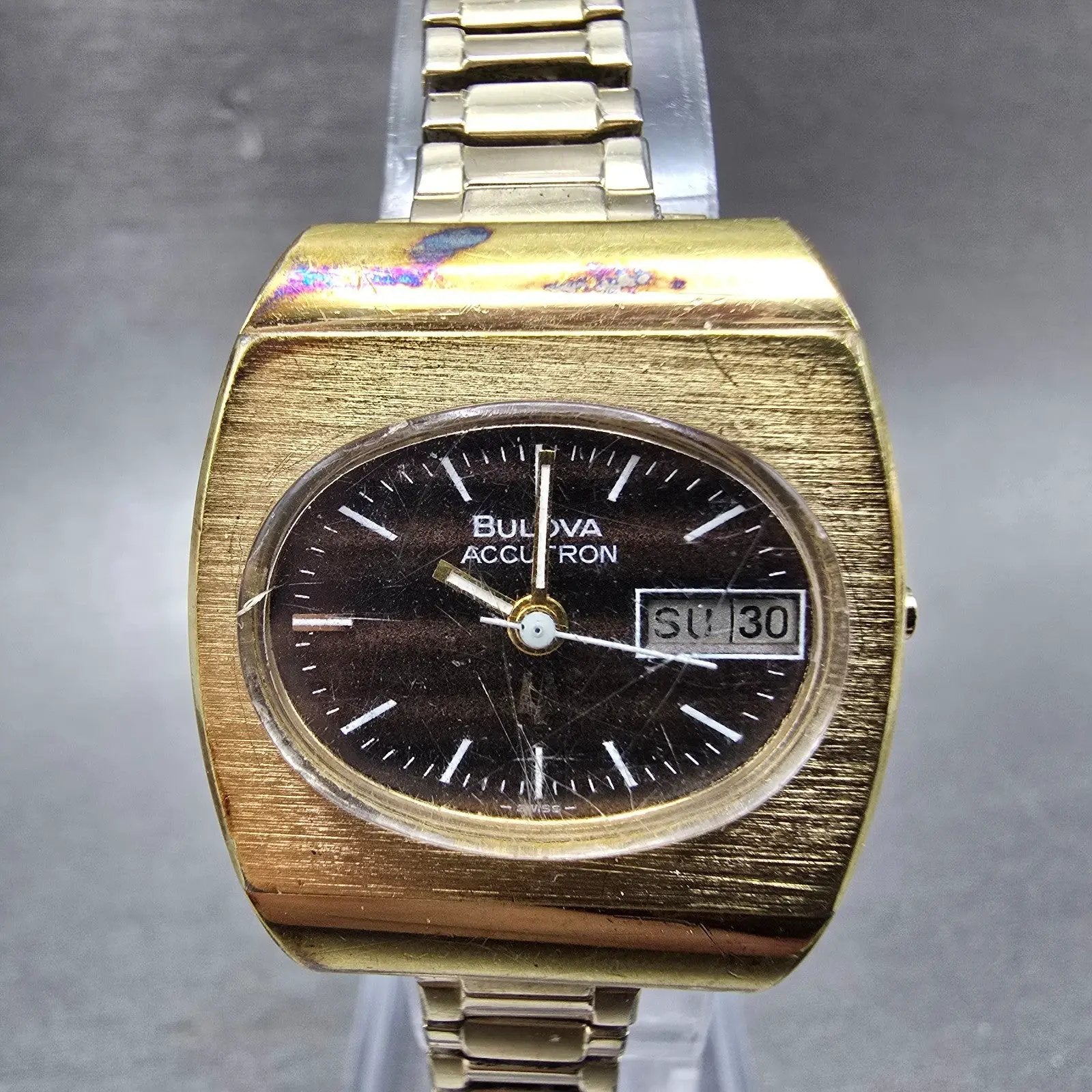 Bulova Accutron Watch Women 25mm Brown Dial Gold Plated Rectangle Daydate PARTS0