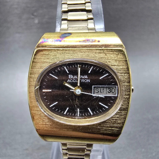 Bulova Accutron Watch Women 25mm Brown Dial Gold Plated Rectangle Daydate PARTS0