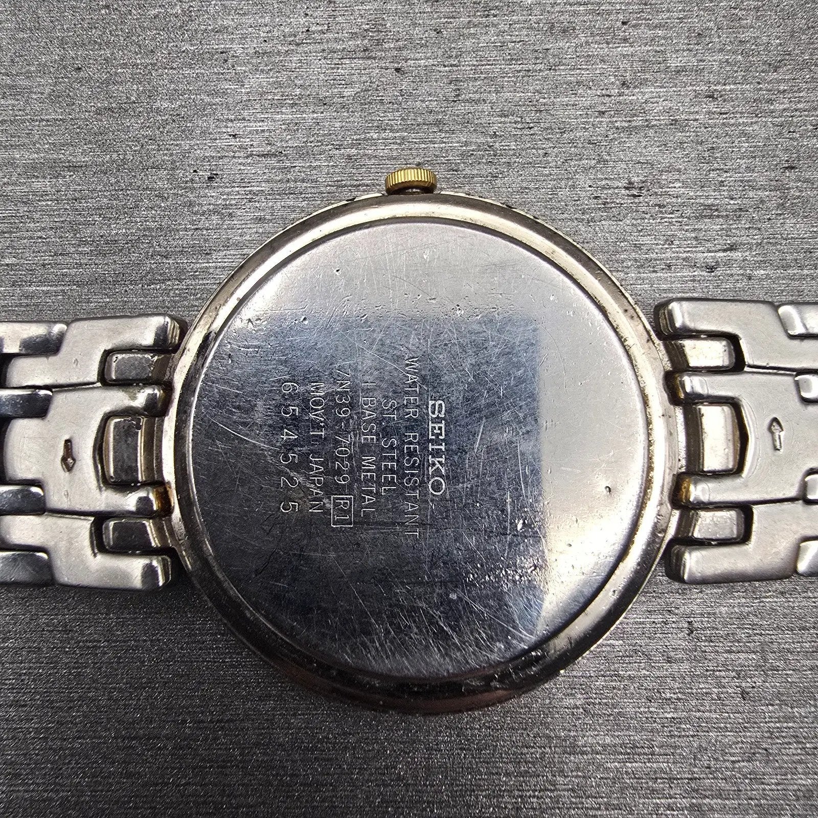 Seiko Watch Men 34mm White Dial Two Tone Date Round 7N39-7029 New Battery VTG10