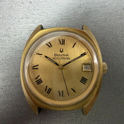 Bulova Accutron Watch Men 35mm Champagne Dial Gold Tone Date Round PARTS Vintage0
