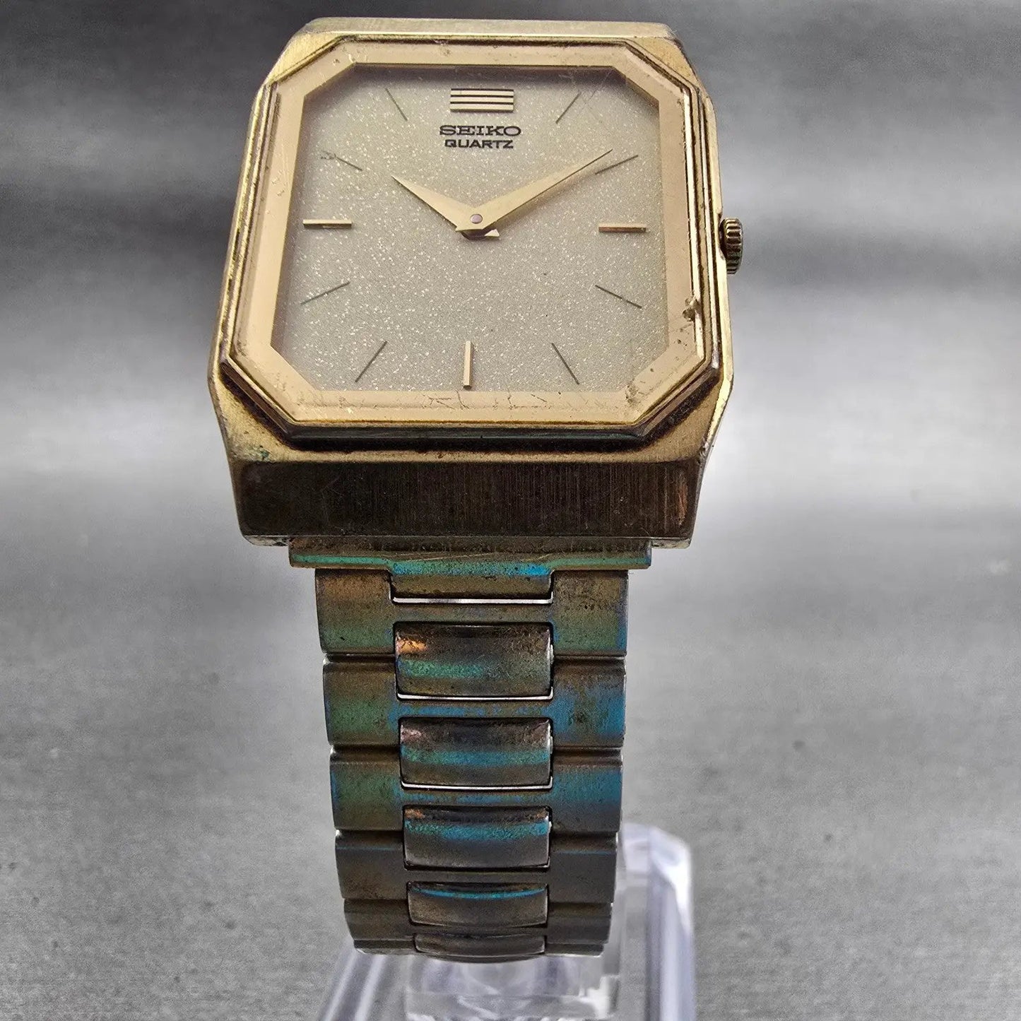 Seiko Watch Men 26mm Cream Dial Gold Tone Rectangle 7430-5409 New Battery VTG5