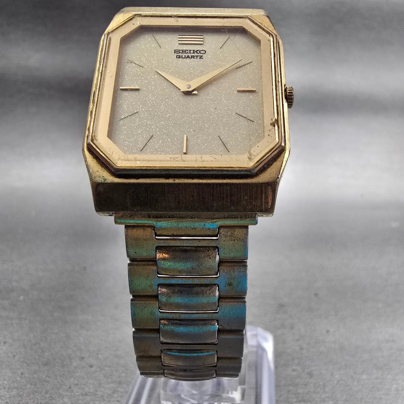 Seiko Watch Men 26mm Cream Dial Gold Tone Rectangle 7430-5409 New Battery VTG5