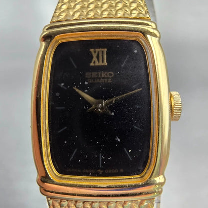 Seiko Watch Women 15mm Black Dial Gold Tone Rectangle 4N00-5060 New Battery VTG1