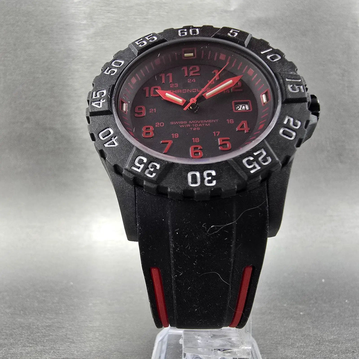 Chronologia Watch Men 45mm Black Dial Black Red Date Round New Battery5