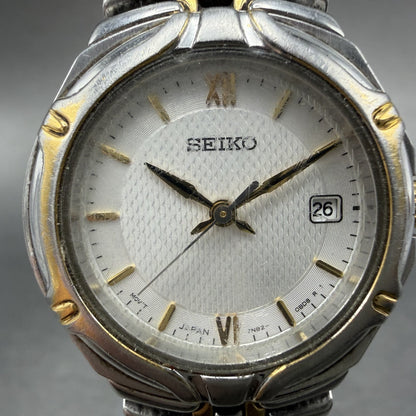 Seiko Watch Women 26mm Silver Dial Two Tone Date Round 7n82-0at0 New Battery JMO1