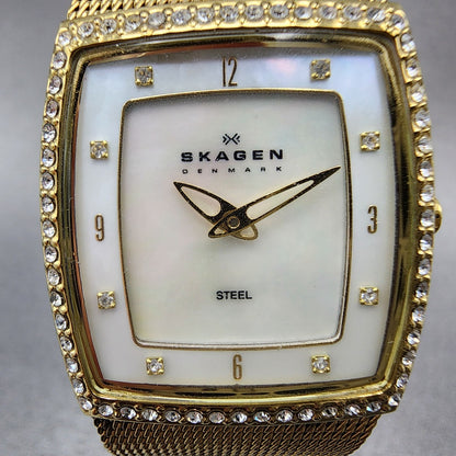 Skagen Tank Watch Women 27mm MOP Dial Gold Tone Rectangle 384SGG New Battery1