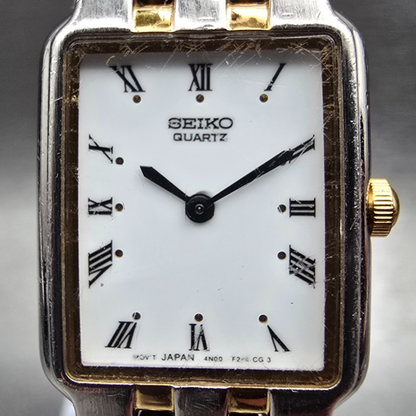 Seiko Tank Watch Women 17mm White Dial Two Tone Rectangle 4N00-F170 New Battery1