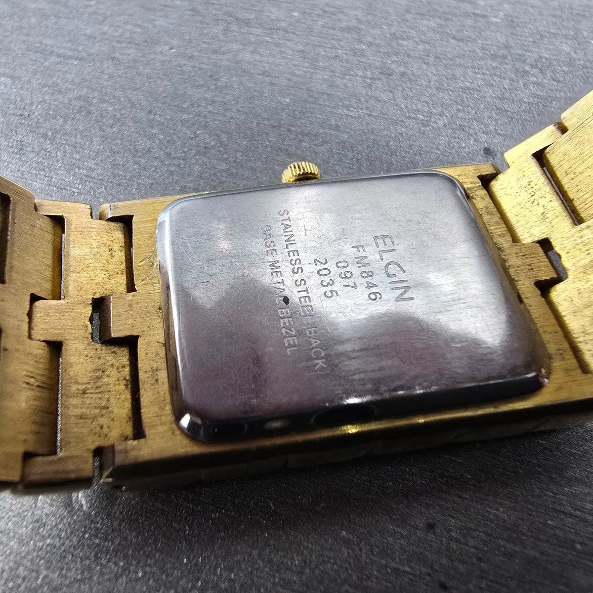 Elgin Tank Watch Men 23mm Champagne Dial Gold Rectangle Diamond Quartz New batt9