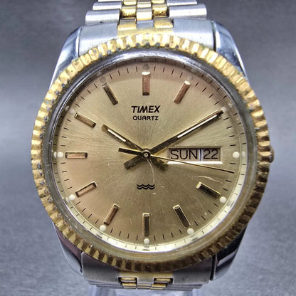 Timex President Watch Men 34mm Champagne Dial Two Tone Daydate Round New Battery0