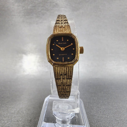 VTG Bulova Watch Women 16mm Black Dial Gold Tone Rectangle 6971 New Battery5