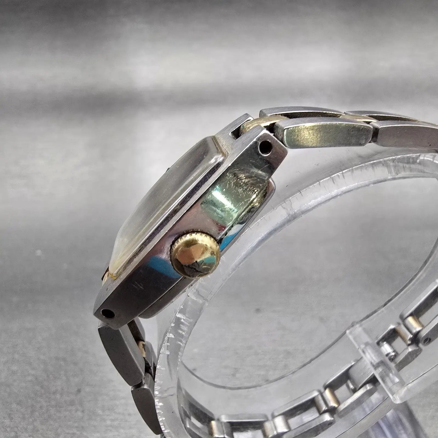 Seiko Watch Women 16mm Blue Dial Two Tone Rectangle Manual Wind 11-7509 Runs VTG2