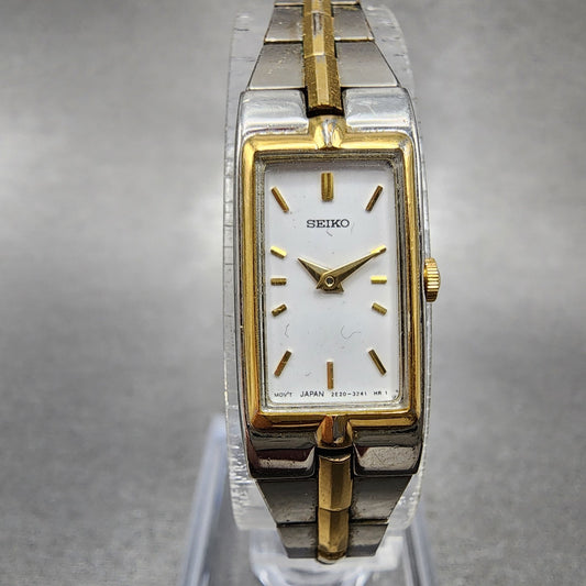 Seiko Tank Watch Women 13mm White Dial two Tone Rectangle 2e207479 New BatteryA0