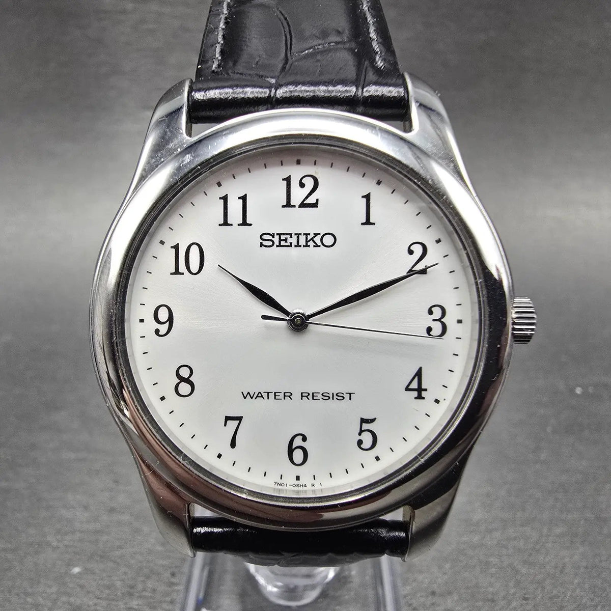 Seiko Watch Men 35mm White Dial Silver Tone Round 7N01-0EF0 Leather Band PARTS0