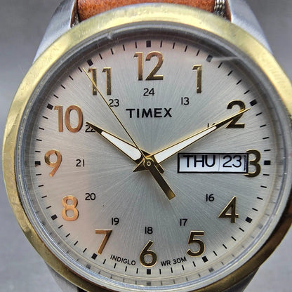 Timex Elevated Classics Watch Men 36mm Silver Dial TwoTone Daydate T2N105 NewBat1