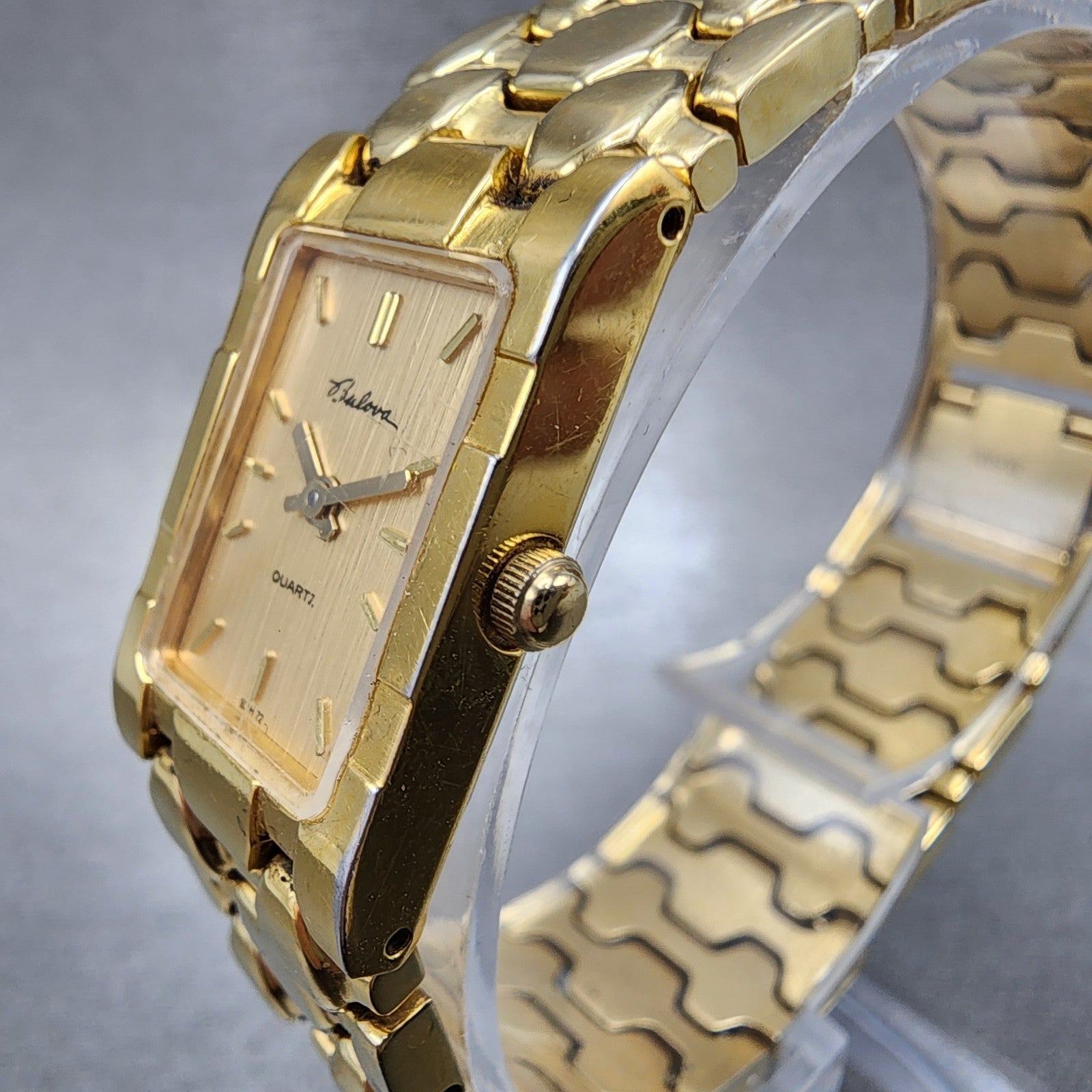 Bulova Tank Watch Women 17mm Gold Dial Gold Tone Rectangle 92H72 New Battery3