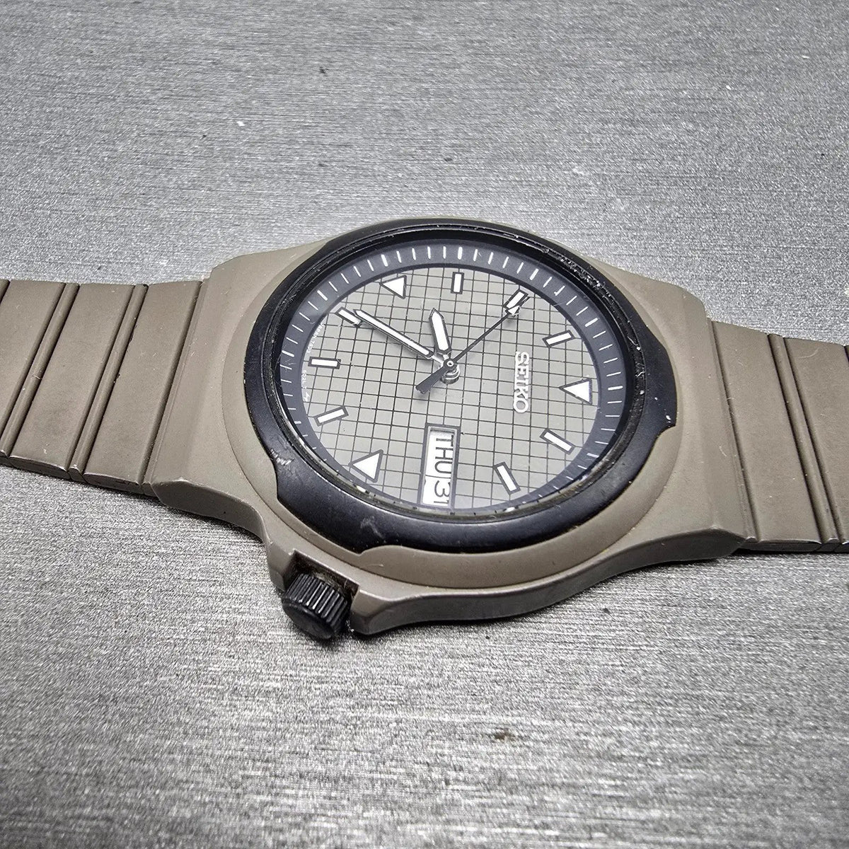 Seiko Watch Men 36mm Gray Dial Gray Case Daydate 7433-6020 Round PARTS6