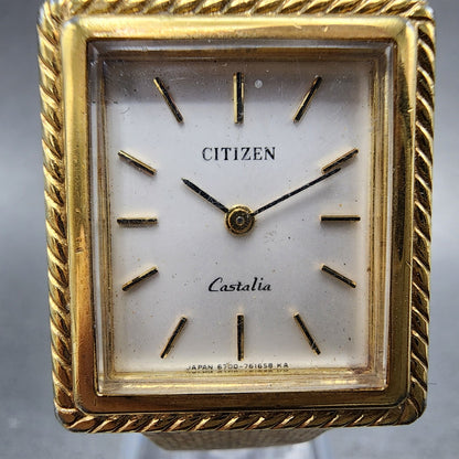 Citizen Castalia Tank Watch Women 24mm White Dial Gold Tone Rectangle Runs1