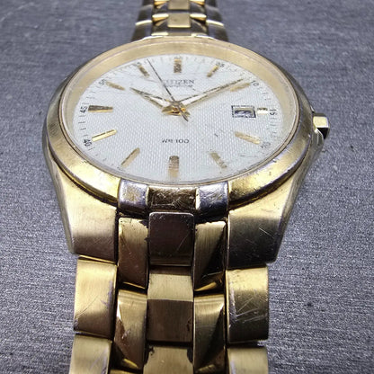 Citizen Eco-Drive Watch Men 38mm White Dial Gold Date READ!!!! E111E111-S0495212