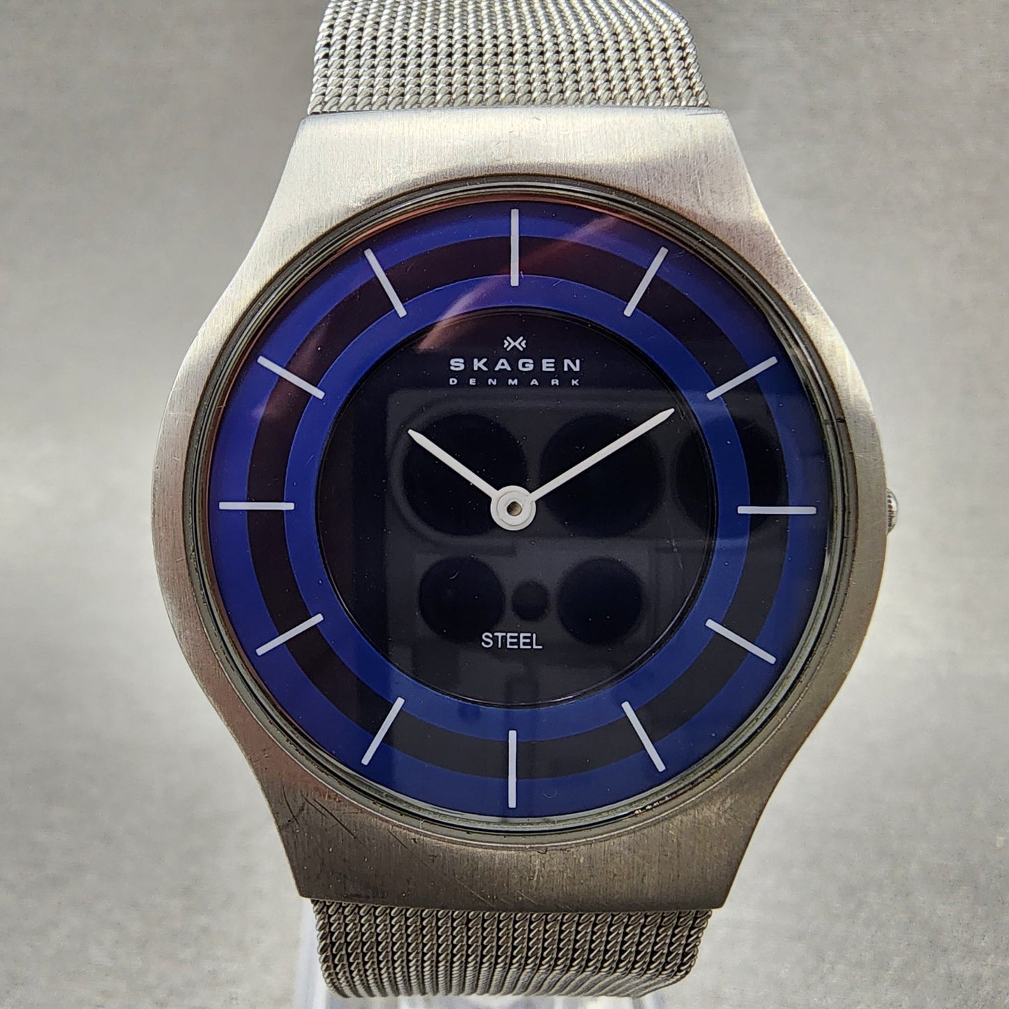 Skagen Watch Men 34mm Blue Dial Steel Date Round Mesh A233LSSN New Battery