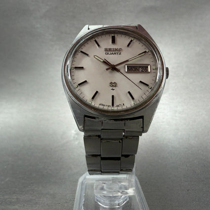 Seiko SQ Watch Men 35mm White Dial Silver Tone Daydate Round 7123-8429 New Batt5