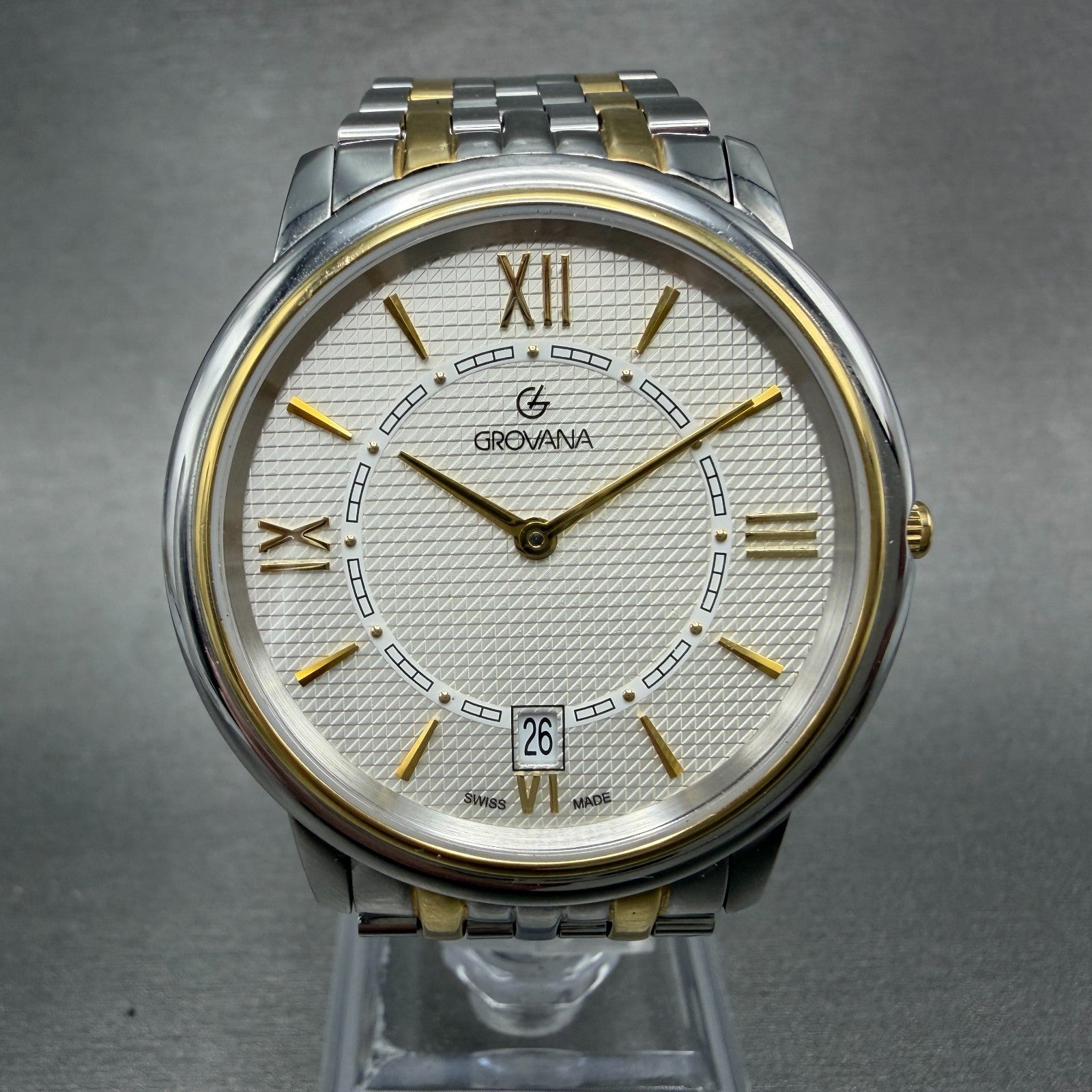 Grovana Watch Men 38mm White Dial Two Tone Date Round New Battery 170810