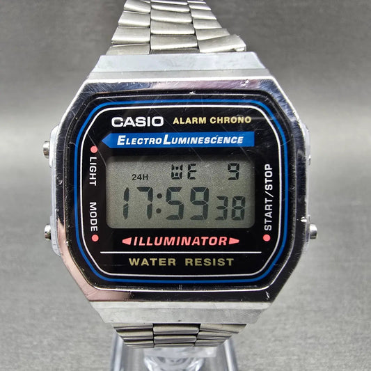 Casio A168 Illuminator Watch Men 36mm Digital Silver Tone Alarm Chrono New BattQ0