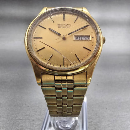 Seiko Watch Men 35mm Gold Dial Gold Tone Daydate Round 7N43-8A39 New Battery VTG5