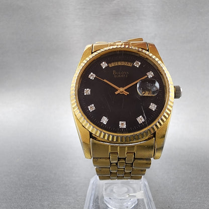Bulova President Watch Men 36mm Black Dial Gold Tone Daydate 97D39 New Battery5