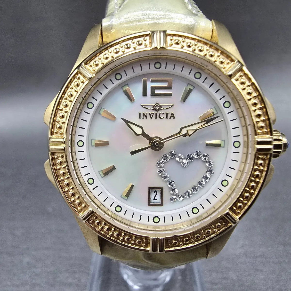 Invicta Wildflower Watch Women 30mm MOP Dial Gold Date Round Heart New Battery0