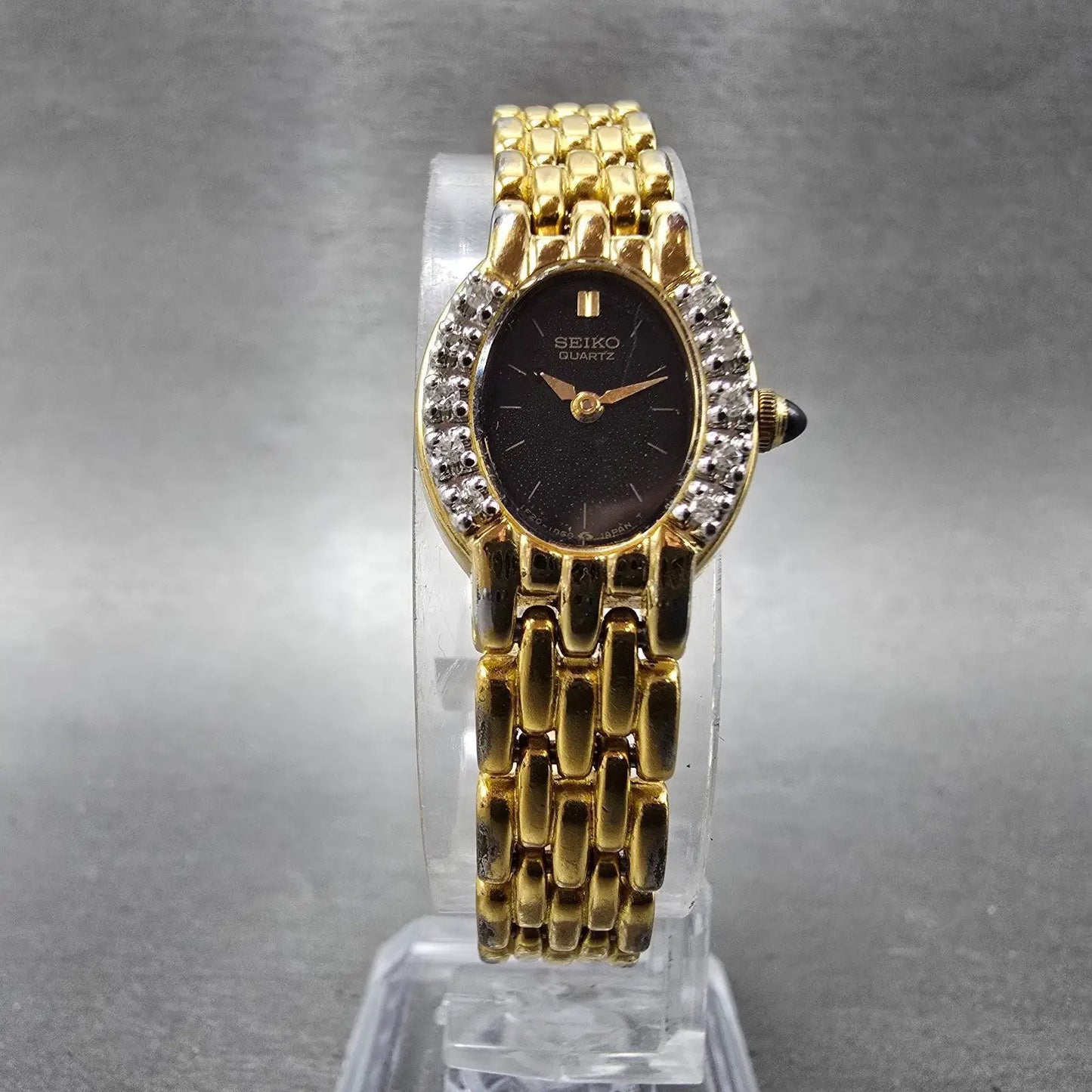 Seiko Watch Women 16mm Black Dial Gold Tone Gemmed Oval 1F20-5G19 New Battery5
