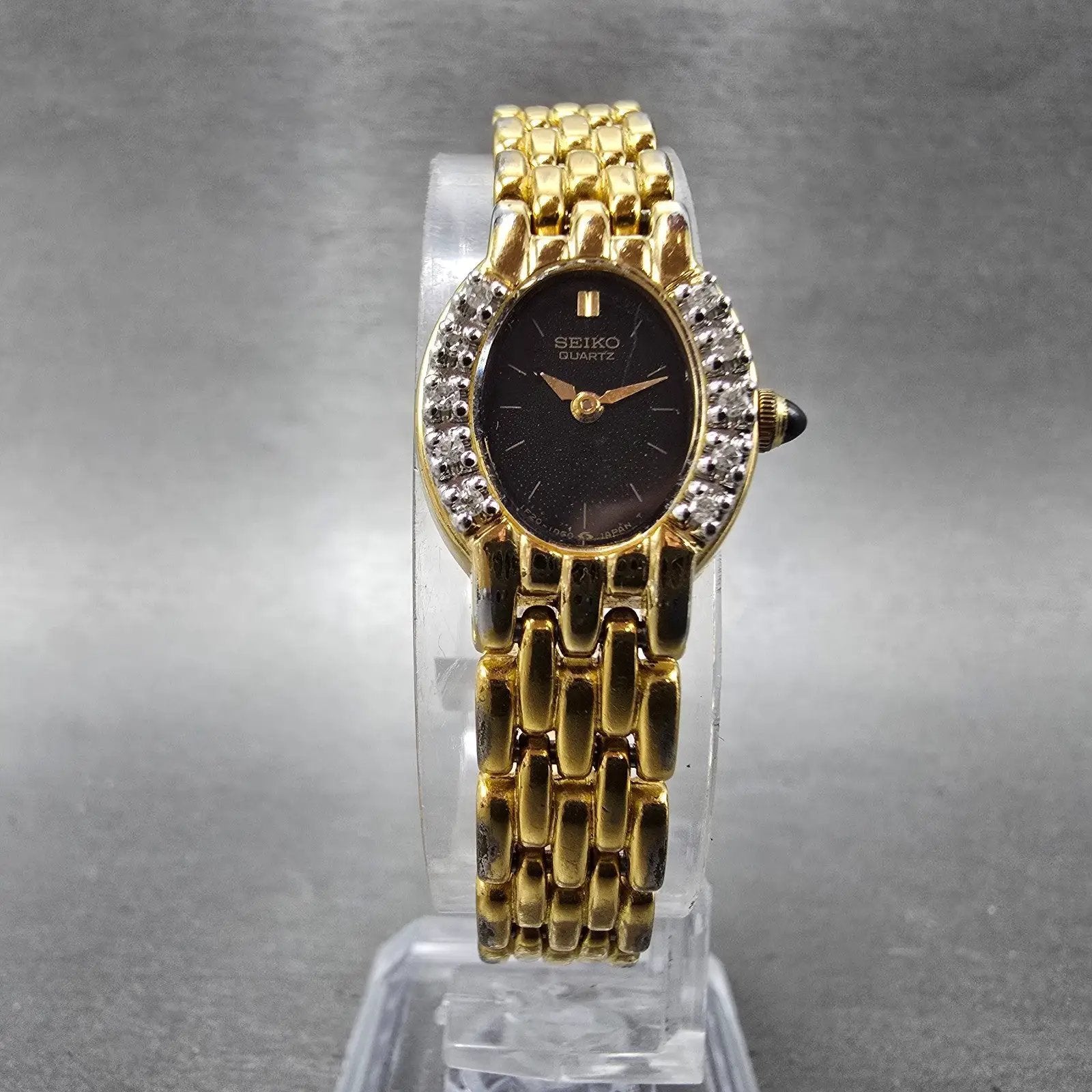Seiko Watch Women 16mm Black Dial Gold Tone Gemmed Oval 1F20-5G19 New Battery5