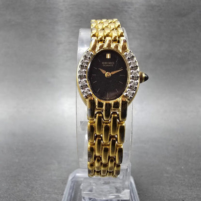 Seiko Watch Women 16mm Black Dial Gold Tone Gemmed Oval 1F20-5G19 New Battery5