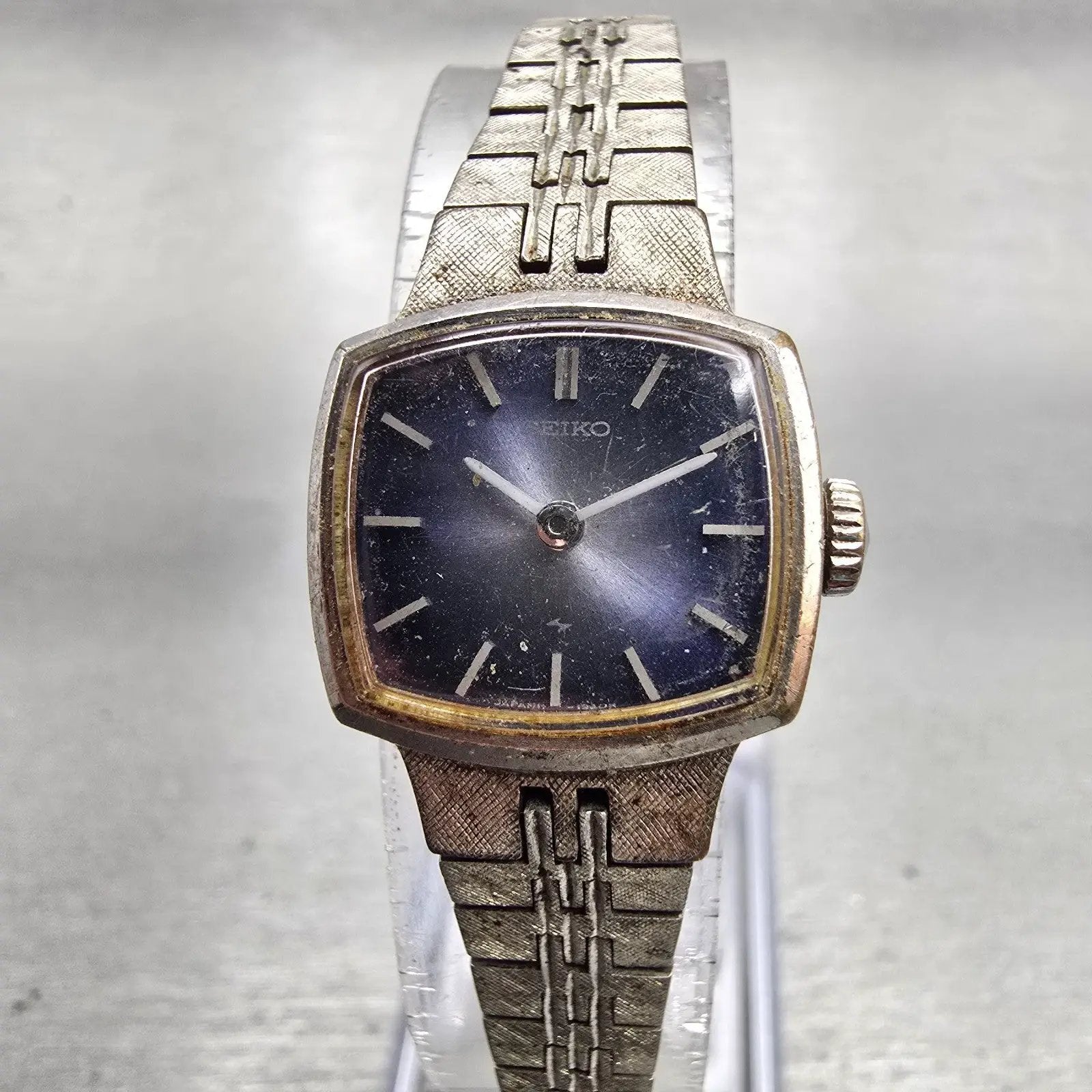 Seiko Watch Women 19mm Blue Dial Silver Tone Rectangle Manual 11-3679 Works0