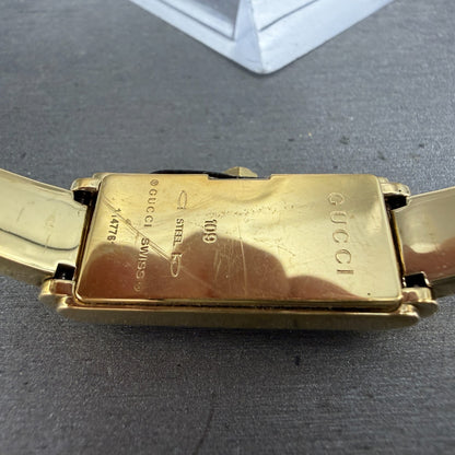 Gucci Tank Watch Women 14mm Black Dial Gold Tone Rectangle 109 New Battery9