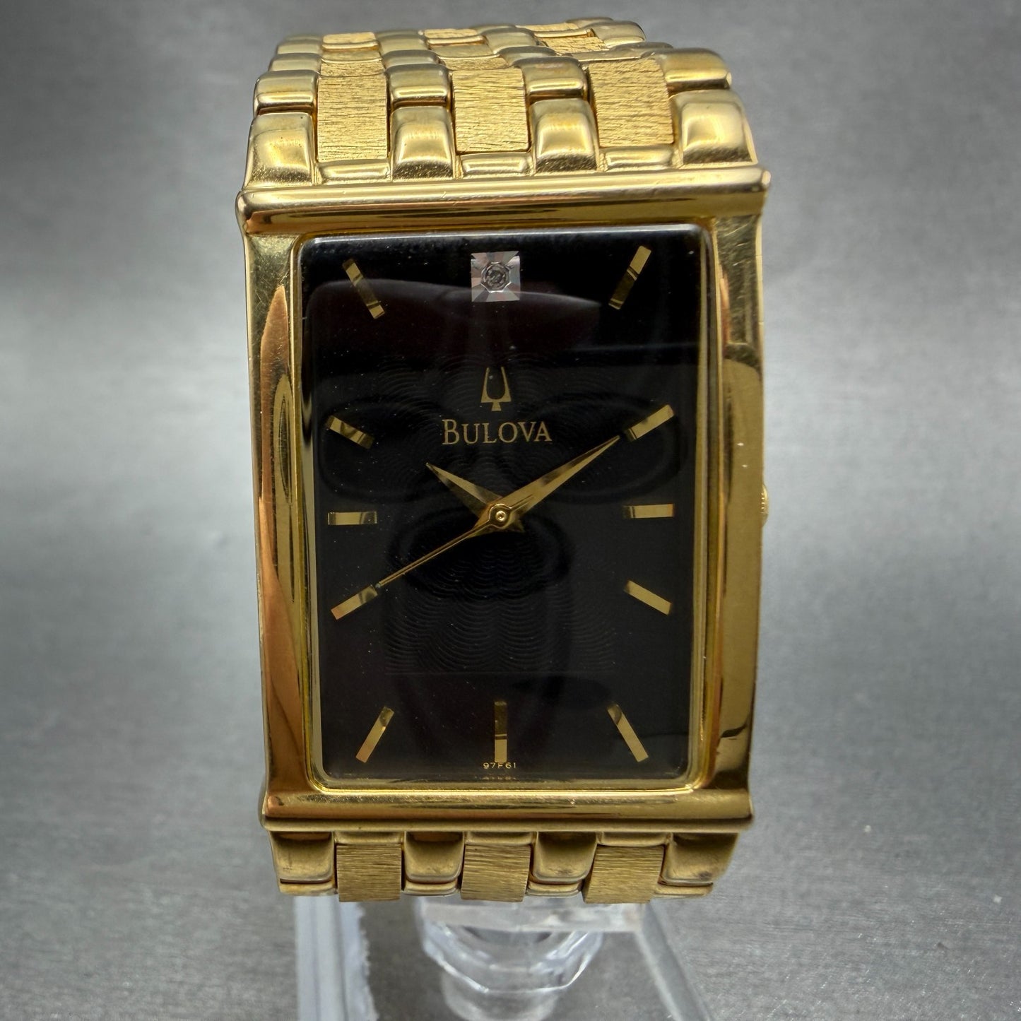Bulova Tank Watch Men 25mm Black Dial Gold Tone Rectangle 97F61 New Battery0
