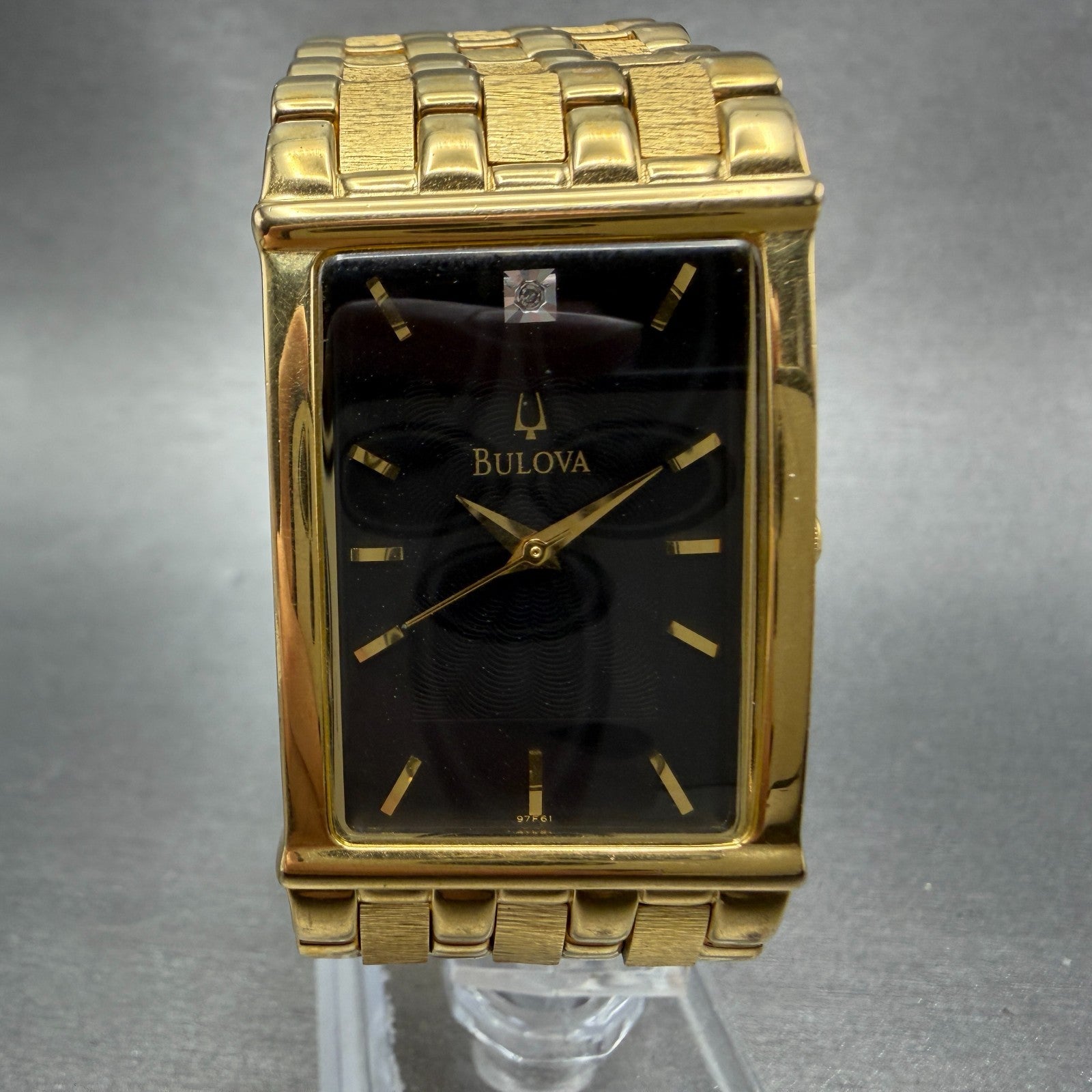 Bulova Tank Watch Men 25mm Black Dial Gold Tone Rectangle 97F61 New Battery0
