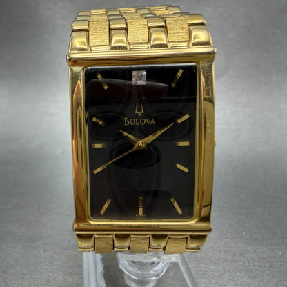 Bulova Tank Watch Men 25mm Black Dial Gold Tone Rectangle 97F61 New Battery0