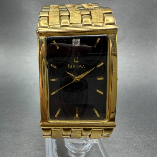 Bulova Tank Watch Men 25mm Black Dial Gold Tone Rectangle 97F61 New Battery0