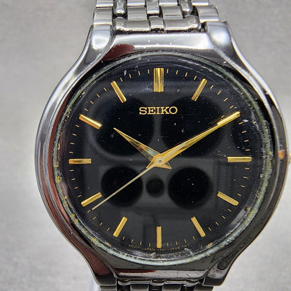 Seiko Watch Men 34mm Black Dial Black Tone Round v7011k20 New Battery1