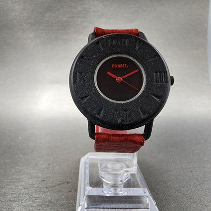 Fossil Watch Women 36mm Black Dial Black Tone Round Red Leather Band New Battery5